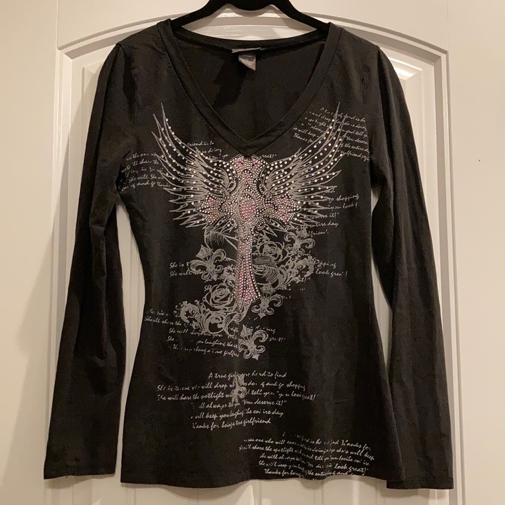 DOTS BLACK LONG SLEEVE BLING CROSS TEE